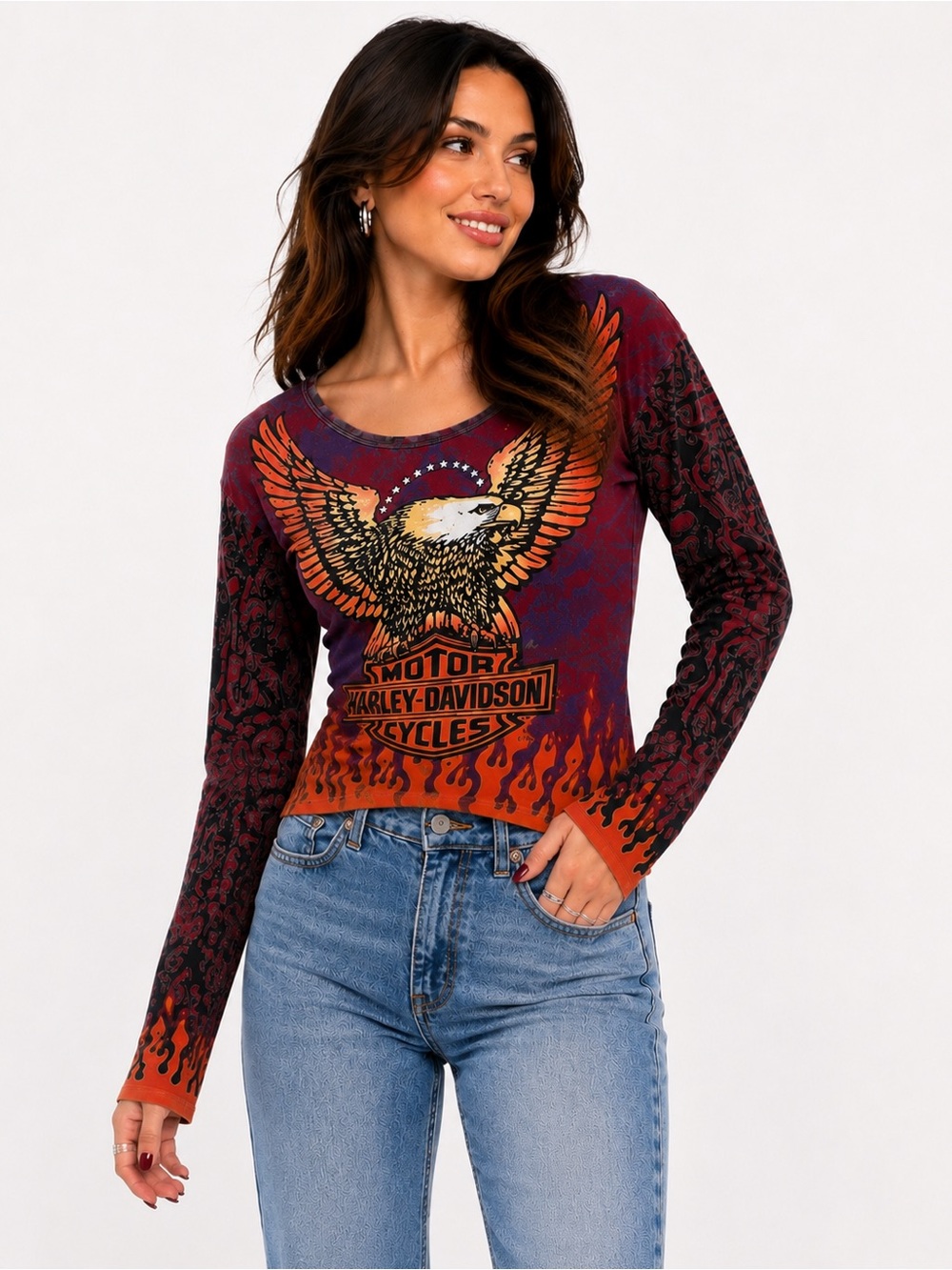 Harley Davidson Eagle Flame Graphic Long Sleeve Top Women Size M